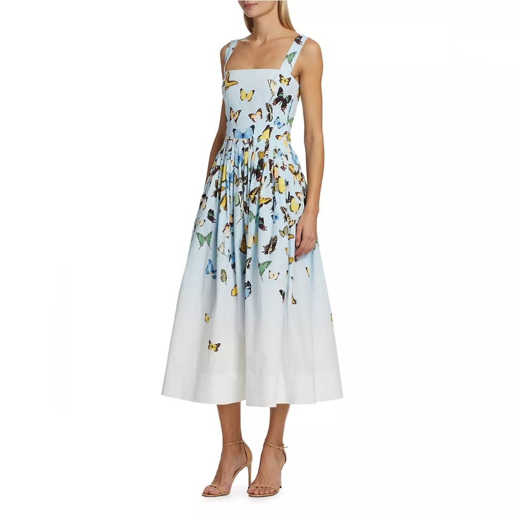 $2,290 NEW OSCAR DE LA RENTA BLUE BUTTERFLY DIP-DYE MIDI DRESS US 6